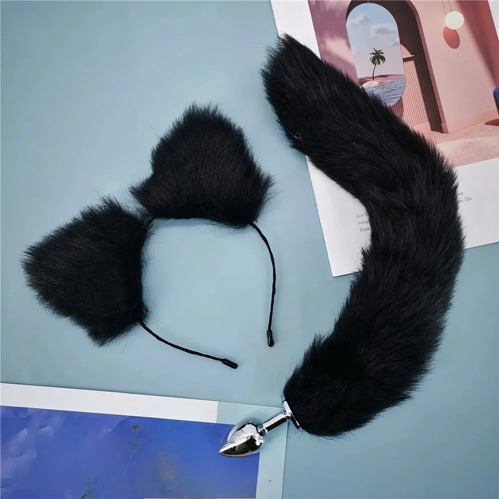 40cm Fox Tail Anal Plug Sexy Plush Cat Ears Headbands Set Butt Plug Tail Erotic Cosplay Sex Toys for Women Anal Masturbating