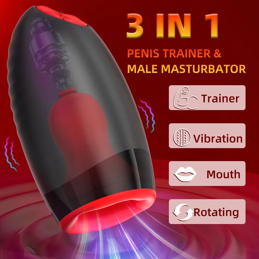 Automatic Male Masturbator Penis Training Vibrator Blowjob Sex Toy 10 Vibrating 3 Rotating 5 Sucking Mouth-Shaped Male Stroker