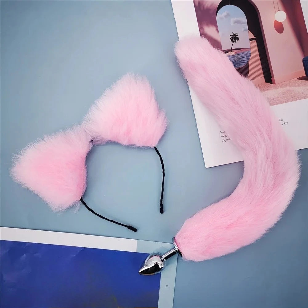 40cm Fox Tail Anal Plug Sexy Plush Cat Ears Headbands Set Butt Plug Tail Erotic Cosplay Sex Toys for Women Anal Masturbating