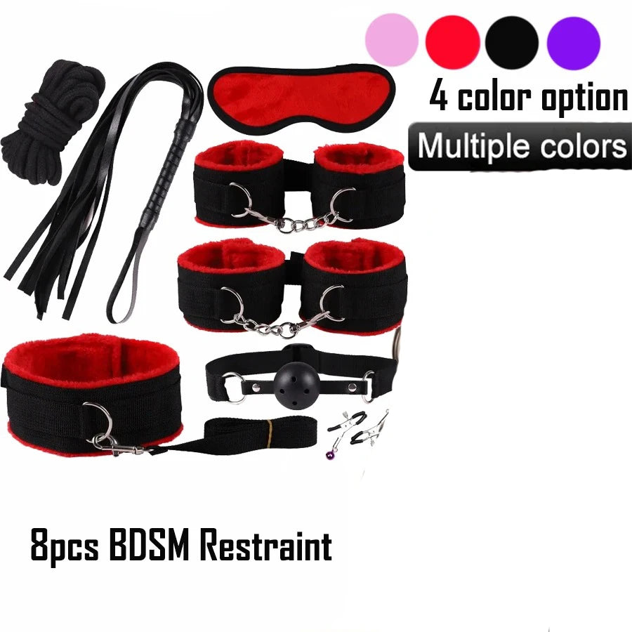 8PCS BDSM Restraint Set Female Handcuff Mouth Gag Eye Blinder Teaser Body Restraint SM Slave Cosplay Sex Toy Set Ankle Cuffs Kit