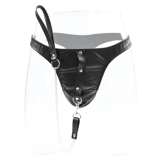Adult Game Chastity Panty with Leash Couple Flirt Sex Product PU Leather Briefs BDSM Male Panties SM Slave Leashes Set 18+ Toys