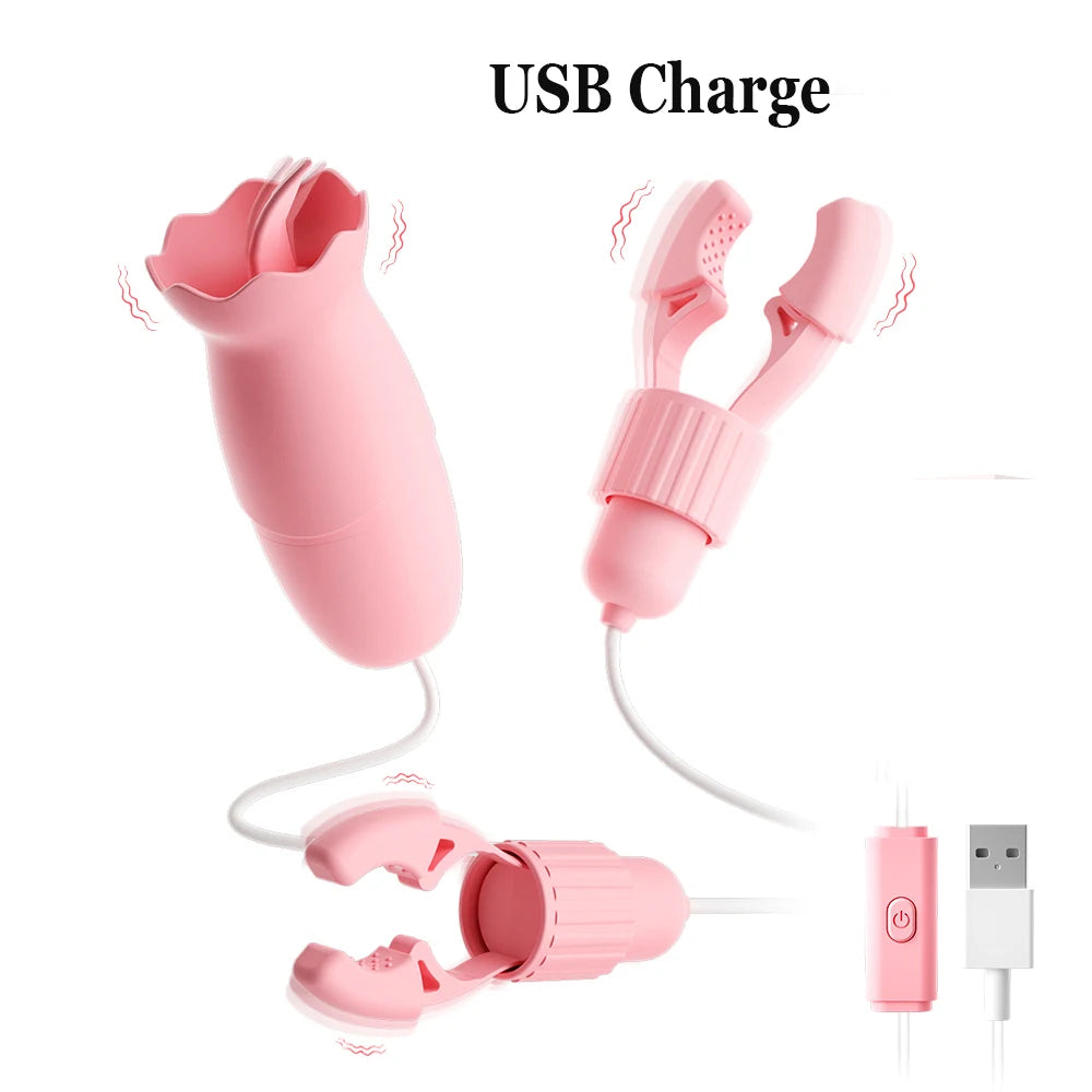 Vibrating Nipple Clamp Tongue Licking Sucking Vibrator For Women Breast Massage Labia Clitoris Clip Stimulation Massager Sex Toy
