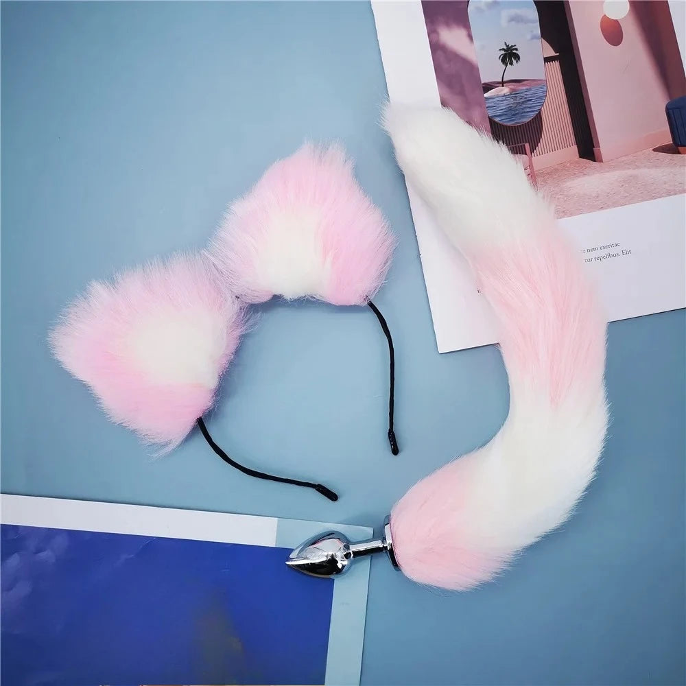 40cm Fox Tail Anal Plug Sexy Plush Cat Ears Headbands Set Butt Plug Tail Erotic Cosplay Sex Toys for Women Anal Masturbating