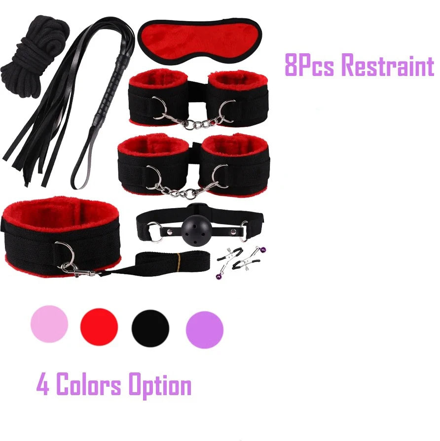 8PCS BDSM Restraint Set Female Handcuff Mouth Gag Eye Blinder Teaser Body Restraint SM Slave Cosplay Sex Toy Set Ankle Cuffs Kit